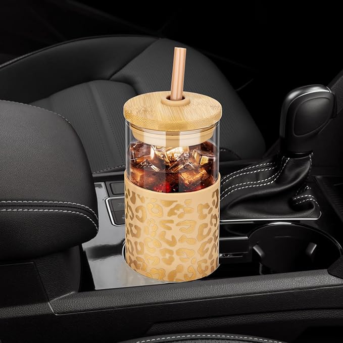 Tronco 20 oz Glass Tumbler with Lid and Straw, Iced Coffee Cup and Smoothie Cup with Bamboo Lids & Protective Silicone Sleeve, Dishwasher Safe, BPA-Free, Glass Cup 1 Pack