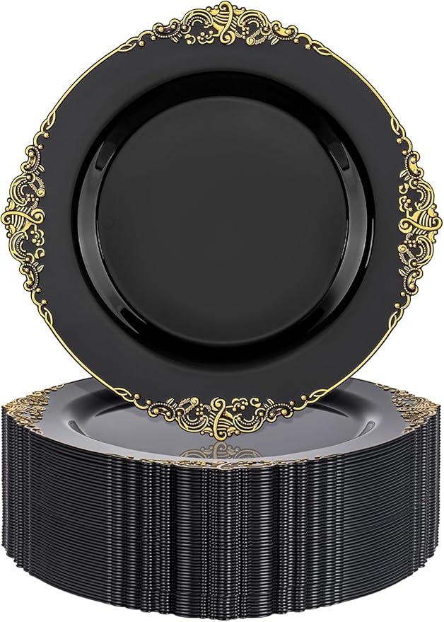 Nervure 100PCS Black and Gold Plastic Plates - 10.25Inch Black Disposable Plates - Black Plastic Dinner Plates for Wedding & Party & New Year