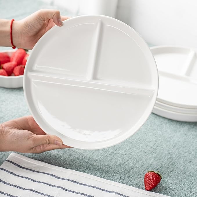 Ceramic Divided Plates Set of 4Pcs, large, White, Portion Control Plate, Reusable Bariatric Plate for Kids Adults, 3 Compartment Plates