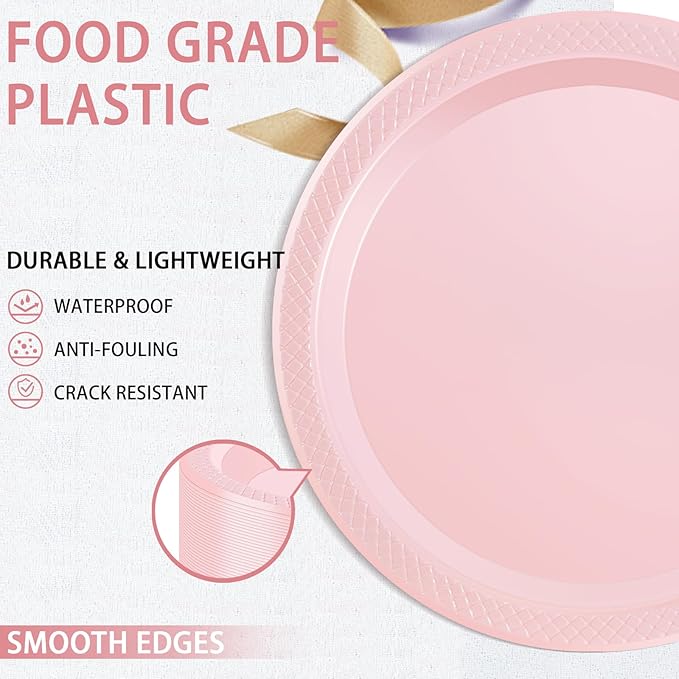 WELLIFE Pink Party Plates 7 Inch -150 Count, Disposable Plastic Light Pink Dessert Plates for Valentine's Day Party Cake Easter Mother's Day Baby Shower Appetizer