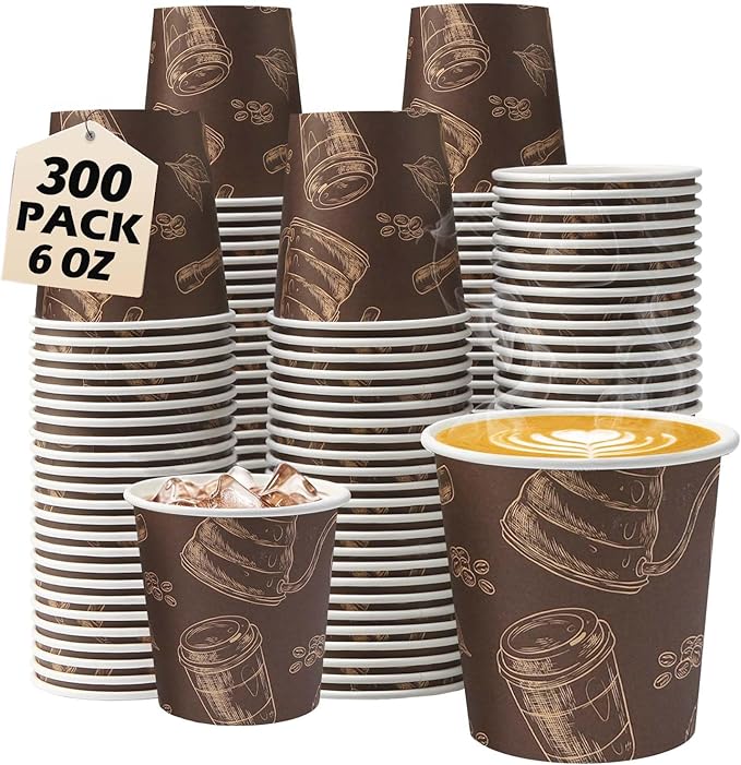 300 Pack 6 oz Disposable Paper Cups, Food Safe Paper Coffee Cups Hot Cold Beverage Drinking Cup for Coffee, Water, Tea, Juice, Espresso