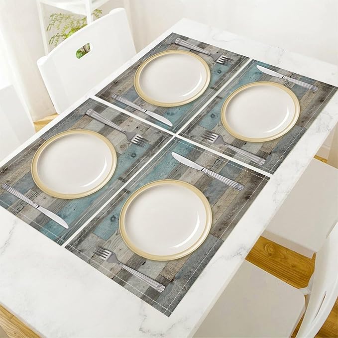 Rustic Plank Placemat Set, Vintage Old Shabby Colorful Beige Brown Blue Farmhouse Barn Wooden Board Pattern Home Decor Linen Table Mats for Dining Room Kitchen Party (17x12in) x4P