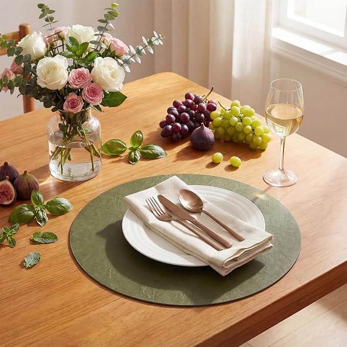 Artoid Mode Olive Green Faux Leather Placemats Set of 4, 15 Inch Waterproof Wipeable Heat Resistant Vinyl Place Mats, Reversible Table Mats for Kitchen Dining Decor
