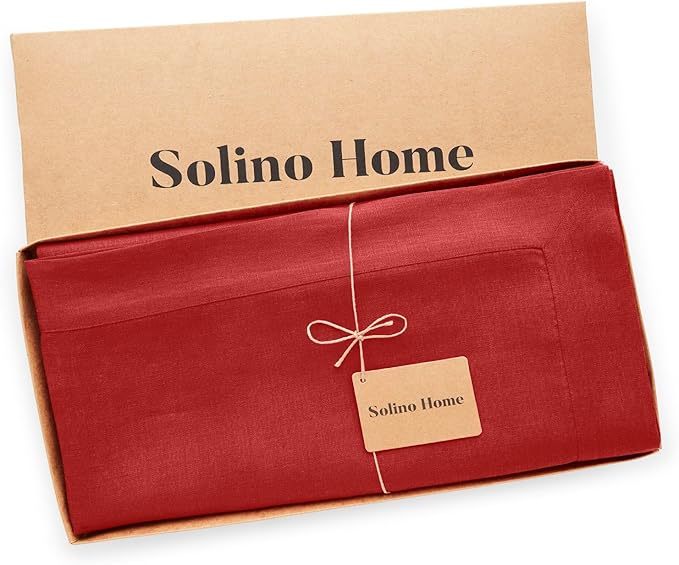 Solino Home Linen Red Tablecloth 60 x 144 Inch - 100% Pure Linen Rectangular Tablecloth - Machine Washable Table Cloth for Valentines - Fete