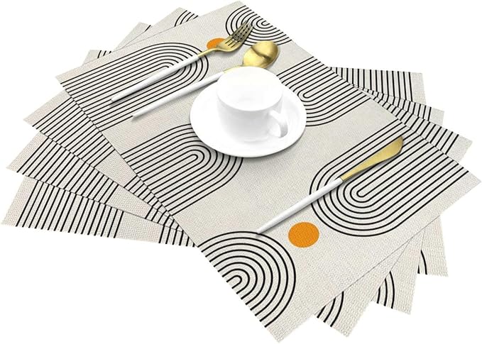 Boho Placemats 12x18 Inches Set of 4,Mid Century Black Orange Art Line Decorative Rectangle Bohemian Modern Abstract Table Mats for Party, Home Kitchen,Dining Table Decoration