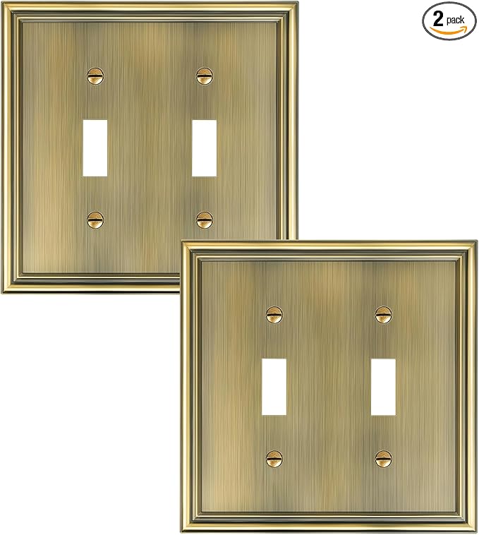 2-Pack Double Toggle Light Switch Cover Plate, Durable Solid Zinc Alloy Decorative Dual Switch Plate Covers, Antique Brass 2 Gang Wall Plate, Corrosion Resistant