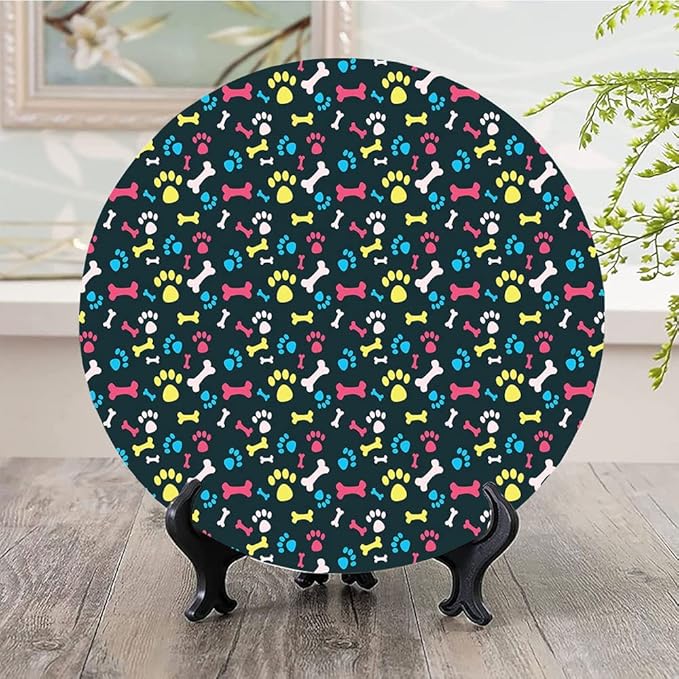 Ceramic Plates, Dog Lover Decorative Ceramic Plates, Cool Canine Elements Paw Marks and Bones, 7 Inch, Household Plates Decorative, Multicolor