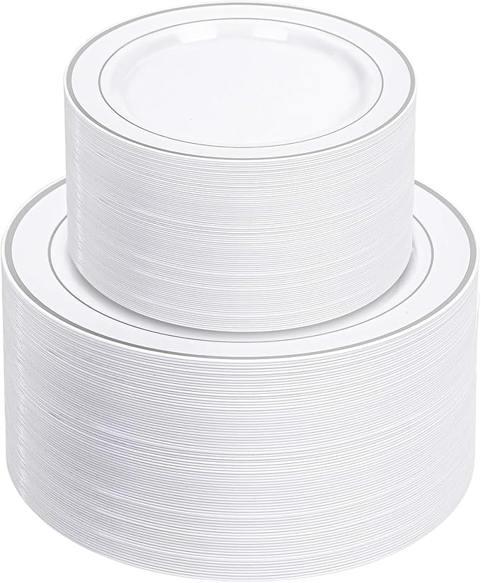 200 PCS Silver Plastic Plates, Silver Disposable Party Plates, Premium Christmas Plastic Plate Include 100 Dinner Platos 10'' and 100 Dessert Platos 7'' Perfect for Birthday, Christmas & Party