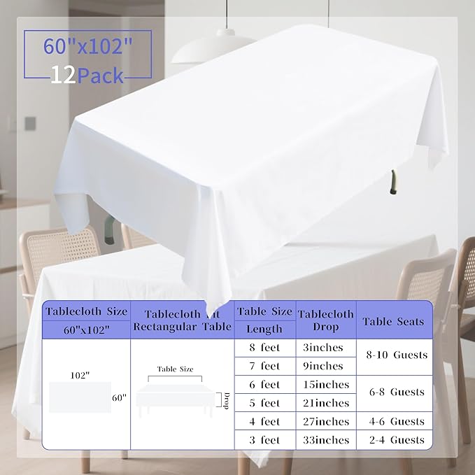 BIGTONE 12 Pack White Rectangle Tablecloth 60 x 102 Inch, Cross Ribbon Packing Reusable Table Clothes for 6 Foot Tables, Wrinkle Resistant Polyester Fabric Table Cover for Wedding, Party, Banquet