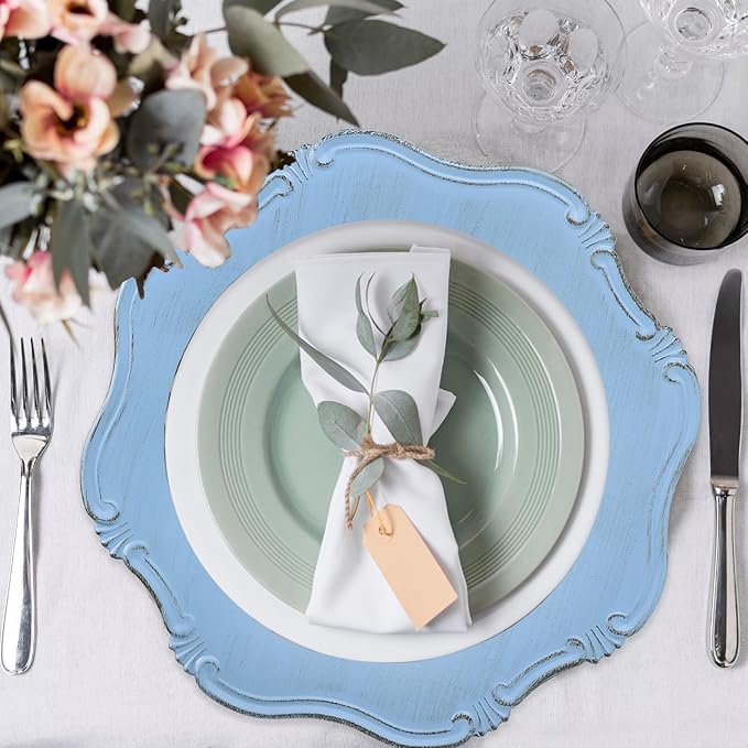 Blue Charger Plates Set of 6, Decorative Table Plastic Chargers for Dinner Plates, Party, Wedding, Thanksgiving, Christmas, 22BL