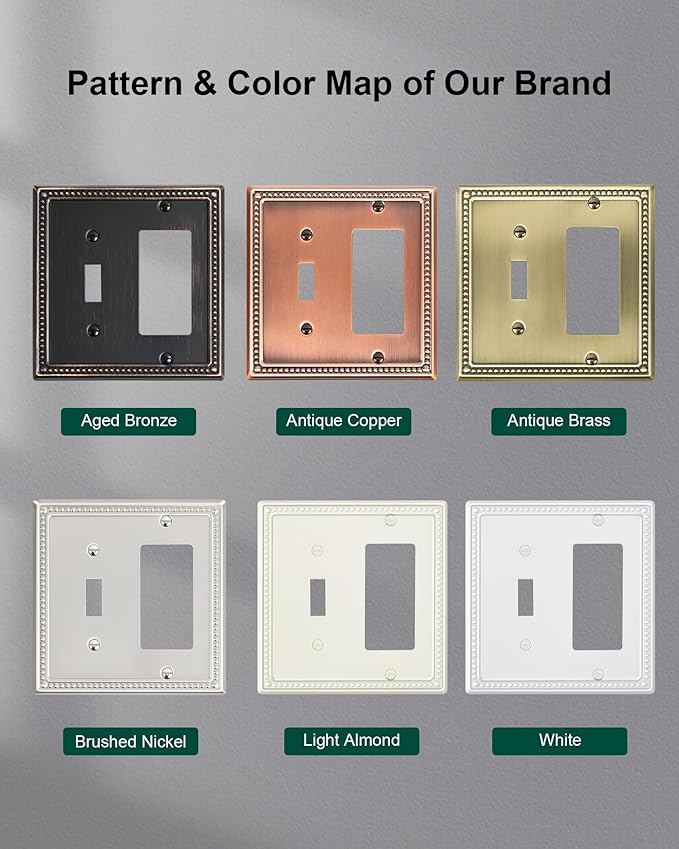 2-Pack Combo Toggle/Decorator Light Switch Cover Plate, Pearls Decorative Electrical Outlet Covers, Metal Wall Switch Plates and Outlet Covers, Pure White