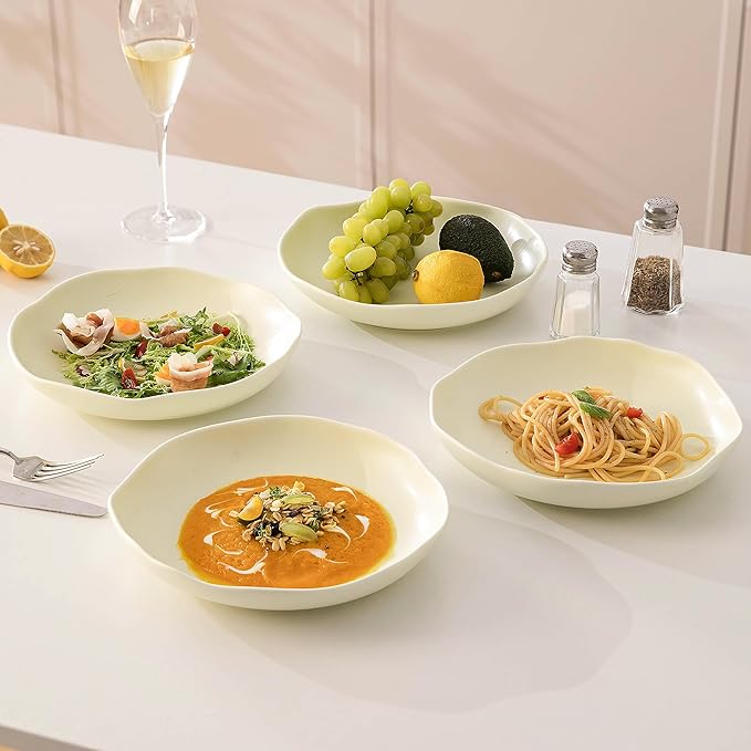 Pasta Bowls Set of 4, Ceramic 24.5oz Serving Salad Bowl, Large 8.5 inch Wide Shallow Soup Bowls with Wavy Rim, Easy to Clean, Oven Microwave Dishwasher Safe for Fruit Pasta Salad Dinner -Beige