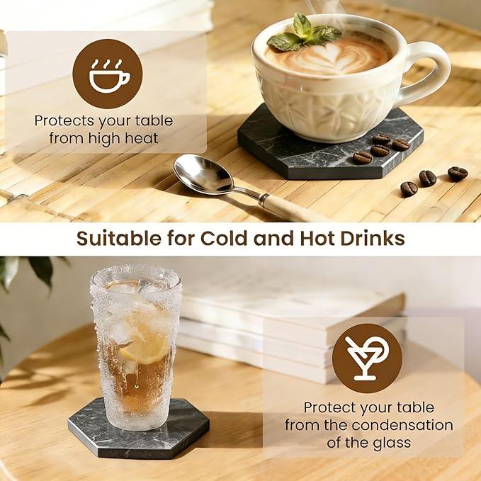 Natural Marble Coasters, Hexagonal Costers, Luxury Aesthetic Modern Decor for Coffee Table Bar Kitchen Home, Grey Marble, Real Natural Semi Absorbent Stone Coasters