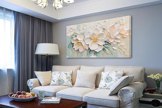 Anolyfi White Textured Flowers Large Canvas Wall Art for Living Room, Modern Aesthetic Sage Florals Painting Wall Decor for Bedroom Dining Room Office Home Decor 58"x29"
