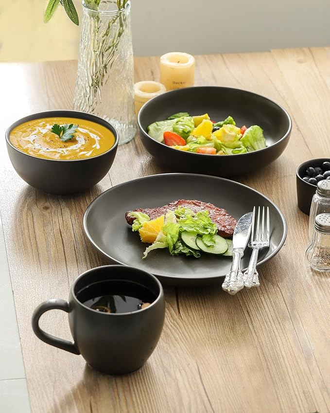 Dinner Plates Set of 6, 10 Inch Stoneware Plates for Salad, Appetizer, Dessert, Farmhouse Dinnerware Dishes for Christmas Thanksgiving Gift, Microwave & Dishwasher Safe, Matte Black