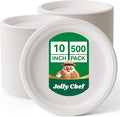 JOLLY CHEF Compostable Heavy Duty Plates 𝟭𝟬 𝗜𝗻𝗰𝗵 [𝟱𝟬𝟬 𝗣𝗮𝗰𝗸] Eco-Friendly Disposable White Uncoated Paper Plates Bagasse Sugarcane Biodegradable for Hot Cold Food Party Dinner Christmas