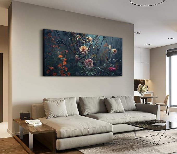 ADJUVANT Wall Art Impressionist Floral 60"L x 30"W, Dark Toned Blossoms With Lush Foliage Canvas Painting Enchanting Flowers Artwork Prints Floral Wall Decor for Living Room Bedroom Study Home Office