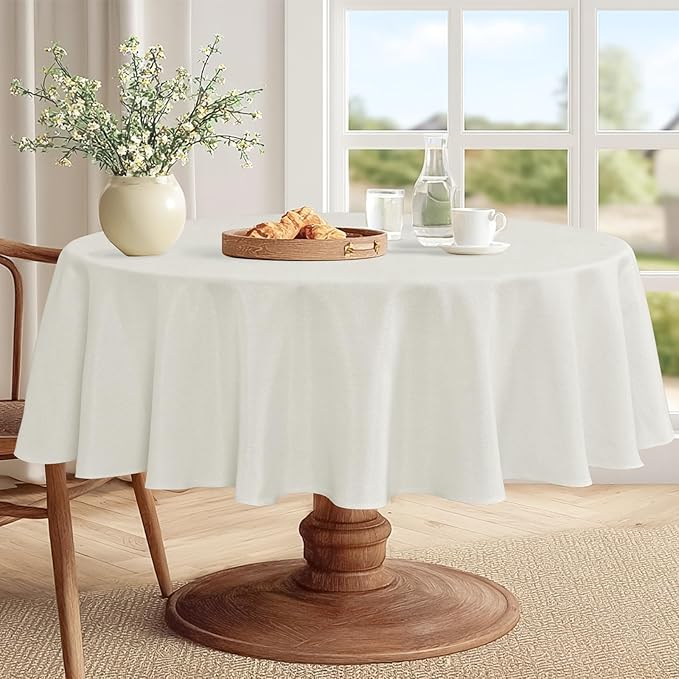 JIUZHEN Round Table Cloth Faux Linen Farmhouse Tablecloth Wrinkle & Stain Resistant Table Cover for Kitchen Dining, Holiday Party Dinner, White, 120 Inch Round