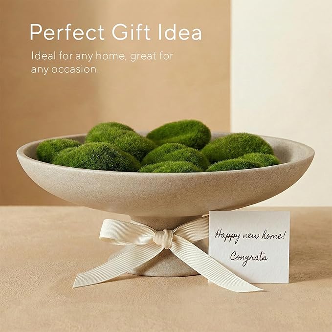 Large Decorative Bowl, Modern Pedestal Bowl for Home Decor, Decorative Fruit Bowl for Kitchen Counter, Stylish Key Bowls for Entry Table, 11.45”, Includes 10PCS Artificial Moss Rocks