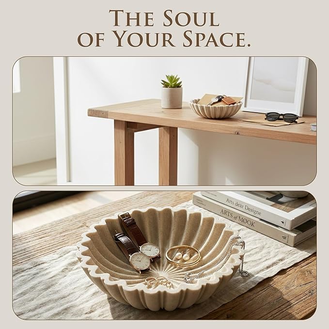 Modern Decorative Bowl for Home Decor - 10.6" Large Beige Resin & Sandstone Centerpiece Bowl for Entryway Table, Coffee Table, Kitchen Counter or Serving Fruit, Keys, Candy
