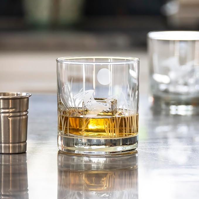 Rolf Glass Heron 3pc Whiskey Decanter Set with 2 On the Rocks Glasses and Airtight Stopper | Elegant Lead-Free Glass for Bourbon, Scotch, Liquor | Engraved in the USA | 23oz Decanter, 11oz Glasses