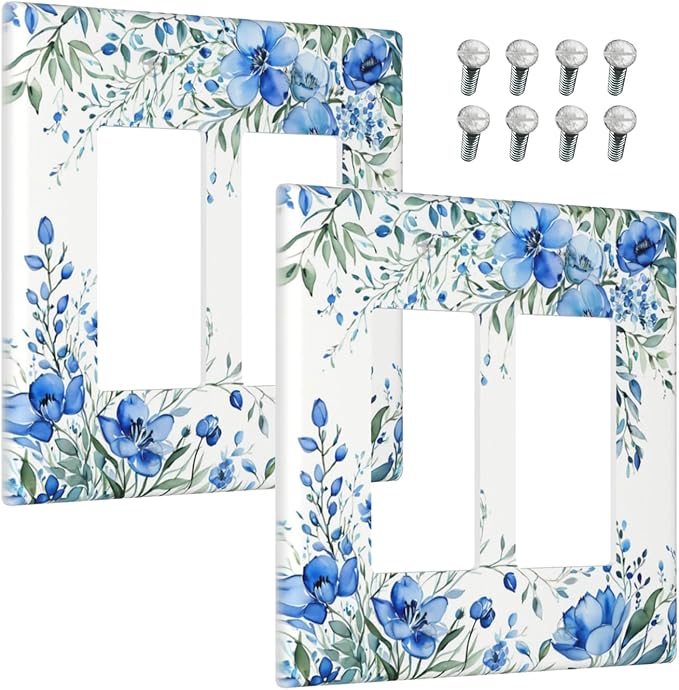 Outlet Covers Blue Watercolor Flowers Retro Floral Leaves 2 Gang Light Switch Cover Double Rocker Wall Plate Decorative GFCI Receptacle Electrical Switchplate for Bathroom Bedroom Decor（2 Pack）