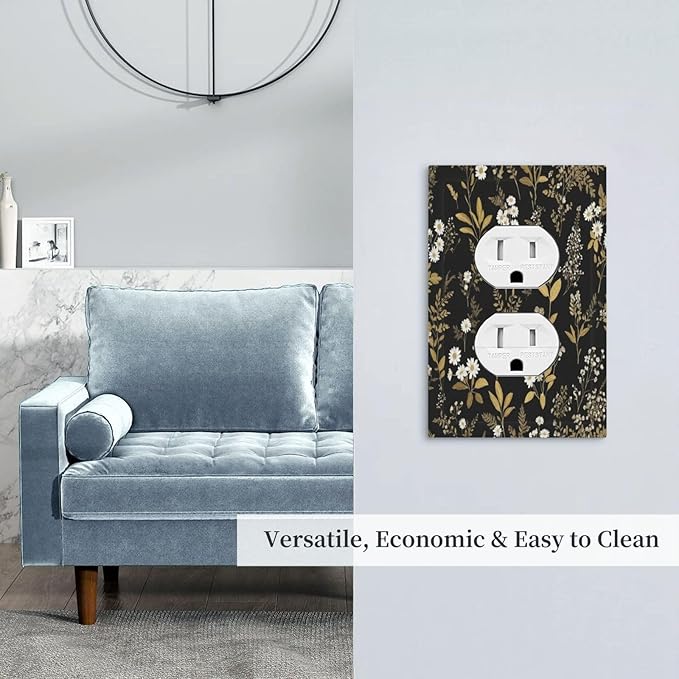 Outlet Covers Black/Gold Boho Botanical Floral Rustic Flowers 1 Gang Duplex Light Switch Cover Plate Decorative Wall Plates Electrical Switchplate Receptacle for Bathroom Kitchen Decor（2 Pack）