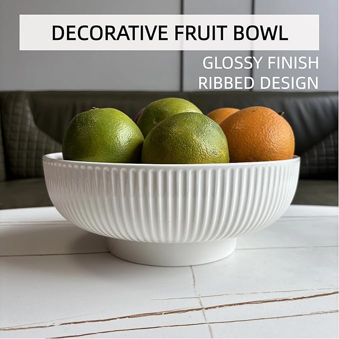 Ceramic Fruit Bowl,10.5" Decorative Bowl, White Fruit Bowl for Kitchen Counter, Purse Bowl, Key Bowl, Kitchen Island Décor, Centerpiece for Dining Table (White)