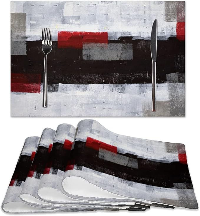 Red and Grey Modern Art Placemats Set of 4, Heat Resistant Non-Slip Artwork Dining Placemats, Washable Place Mats for Home Kitchen (Red and Grey, 18"X12")