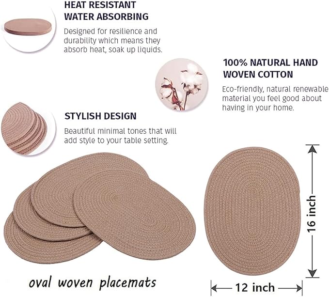 Braided Placemats Set of 4 Cotton Fabric Oval Table Mats Non Slip Washable 16 * 12 inch Oval Place Mats, 4 Pack Jute Woven Placemats