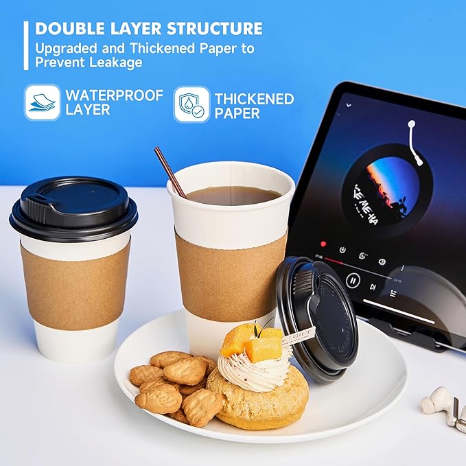 RACETOP 12 oz 100 Pack Disposable Paper Coffee Cups with Lids, Sleeves and Stirrers, Hot Cups, Paper Cups with Lids, Sleeves and Stirrers, Ideal for Home/Office