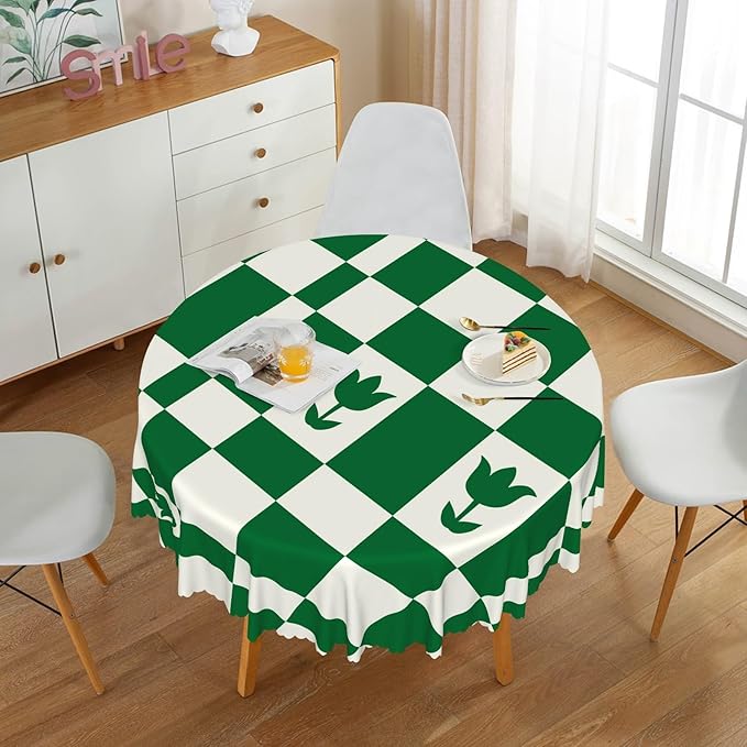 Laeacco 48 Inch Geometric Round Tablecloth Green White Plaid Square Flower Modern Abstract Art Print Table Cloth Washable Waterproof Wrinkle Free Table Cover for Kitchen Dining Picnic Party Decor