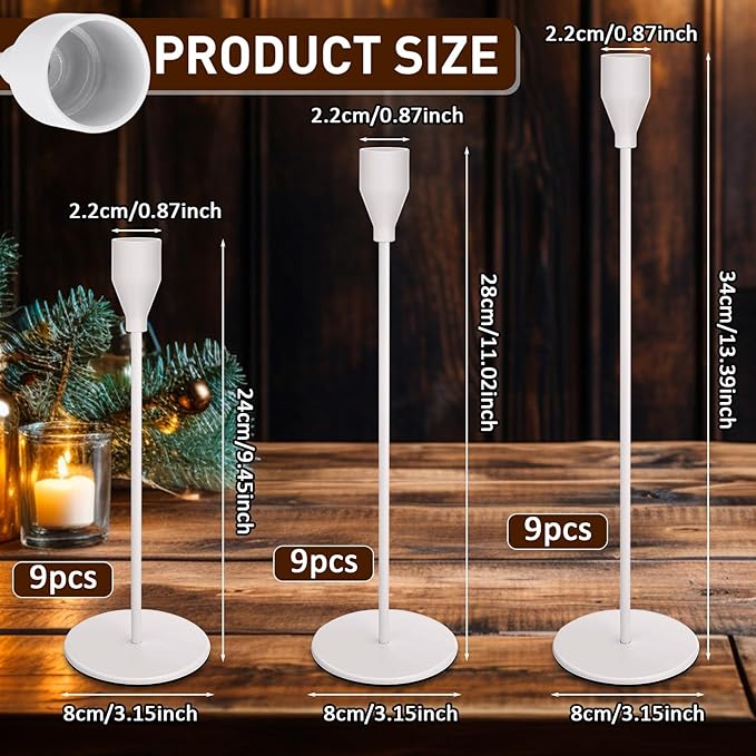 27 Pack Candles Holder, 9 Sets Taper Candlestick Holders Fit 0.75 Inch Thick Pillar Candles, Long Candle Sticks Centerpiece Decor for Home Wedding Dinning Party Anniversary(White)