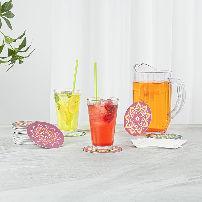 Restaurantware Super Absorbent Coasters 480 Case 4 Inch Assorted Paper Bar Coasters High-Density Pulpboard Beverage Coasters Moisture-Absorbing Durable Drink Coasters - Assorted Designs
