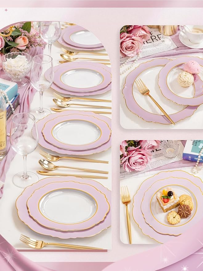 WDF 60Pcs Pink Plates Disposable with Gold Rim - Baroque Clear Pink and Gold Plastic Party Plates Ideal for Wedding, Valentine's Day