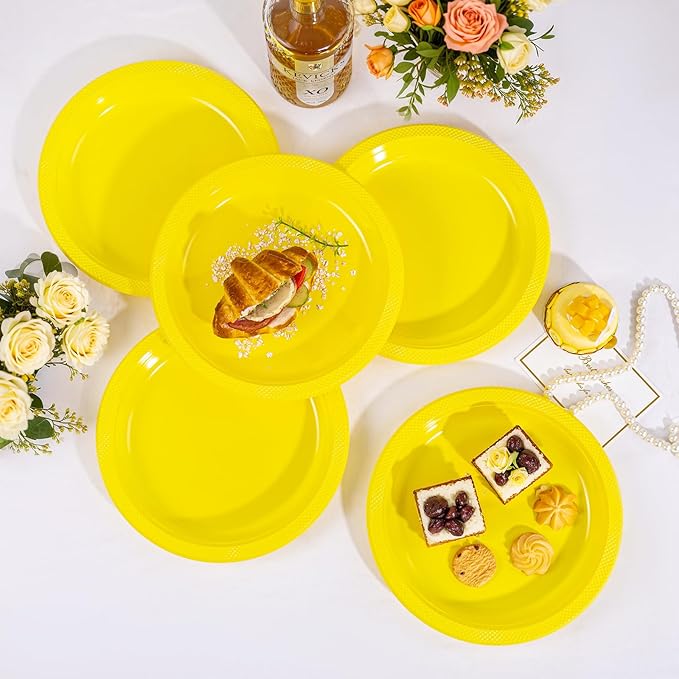 WELLIFE Yellow Plastic Party Plates 10 Inch -150 Count, Disposable Plastic Dinner Plates for Easter Spring Parties Mother's Day Picnic BBQ