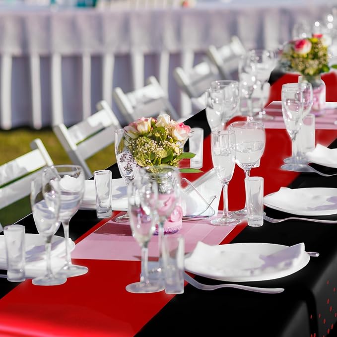 Breling 24 Pack Black and Red Disposable Plastic Tablecloths and Satin Table Runner Set, 54 x 108 Inch Tablecloth, 12 x 108 Inch Table Runners for Wedding Graduation Birthday Baby Shower