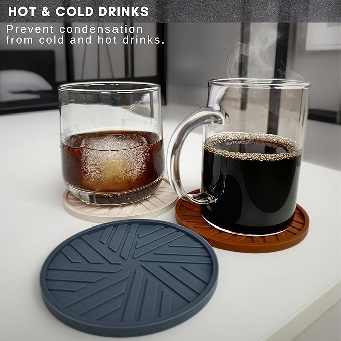 Silicone Coasters for Drinks -Set of 6 - with Smart, Modern, Groove Patterns & Gold Holder - Protection Your Coffee Table from Condensation Cups, Home Office Decor Boho Vintage