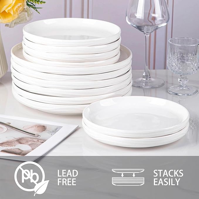 White Dinner Plates Set of 6, 10 Inch Ceramic Ribbed Texture Salad Plates, Kitchen Serving Dishes for Pizza, Steak, Microwave & Dishwasher Safe, Scratch Resistant