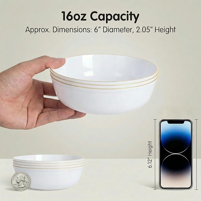 I00000 50 Pack White Plastic Bowls with Gold Rim,16 oz Disposable Soup Bowls,Premium Heavy Plastic Serving Bowls Ideal for Wedding & Party