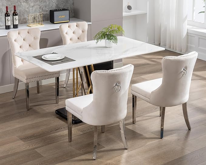 KCC Velvet Dining Chairs Set of 6, Upholstered High-end Tufted Dining Room Chair with Nailhead Back Ring Pull Trim Stainless Steel Legs, Contemporary Nikki Collection Modern Style for Kitchen, Beige