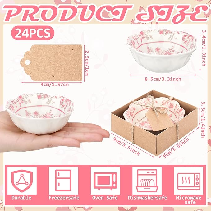 48 Pcs Wedding Favors for Guests Small Ceramic Bowl Bulk Gifts Set 3.3 Inch Floral Design Mini Dipping Sauce Dish with Card Box for Bridal Pooja Baby Shower Birthday Guest Gift (Pink)