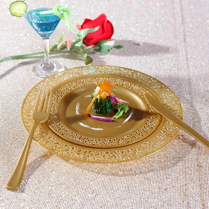 I00000 102 PCS Brown Gold Plastic Plates, Lace Design Disposable Plates, BPA Free Plates Includes: 51 Dinner Plates 10.25 Inch and 51 Salad/Dessert Plates 7.5Inch for Wedding and Party