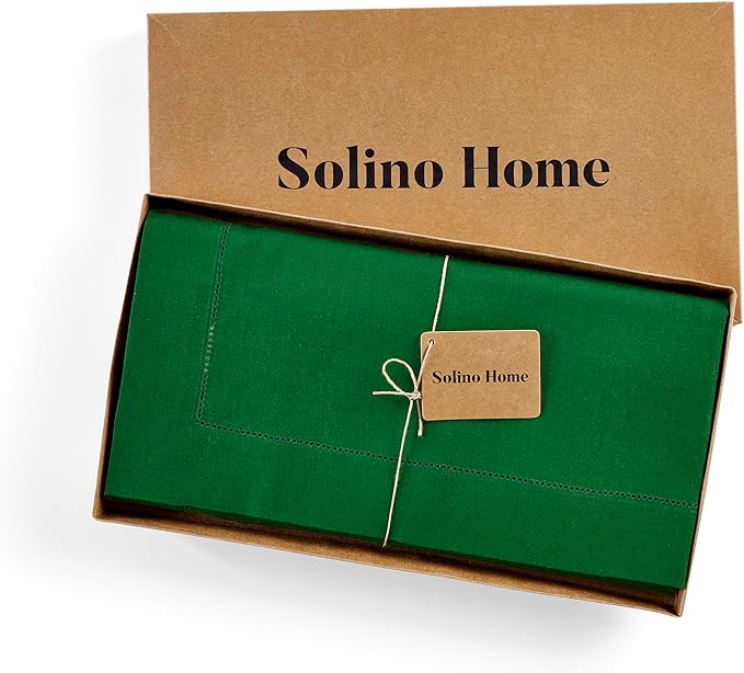 Solino Home Linen Tablecloth 52 x 52 Inch - 100% Pure Linen Garden Green Square Tablecloth - Classic Hemstitch, Machine Washable Table Throw for Winter, St Patricks Day, Easter