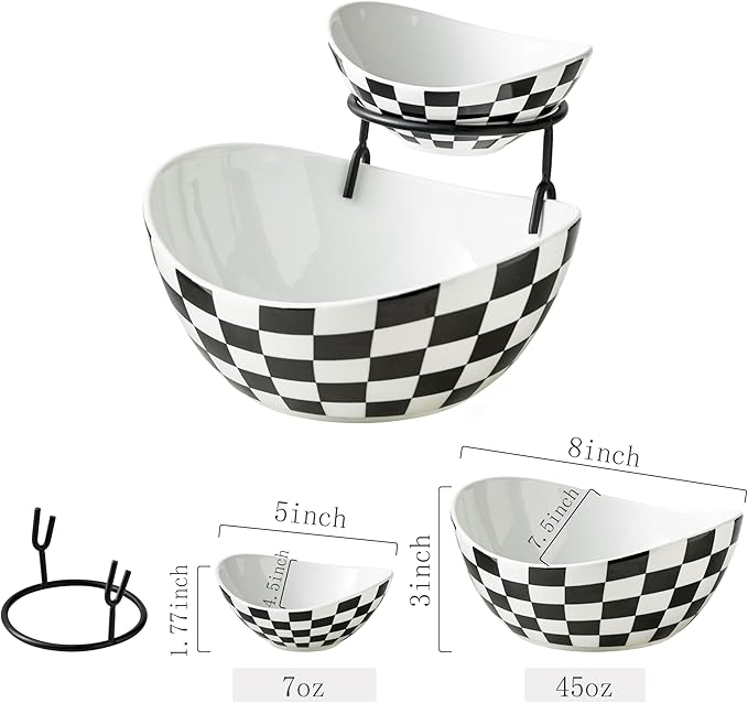 Tiered Serving Bowls Chip and Dip Serving Set with Stand, Ceramic Appetizer Serving Dishes Platters and Trays for Parties Entertaining - Checkered Kitchen Decor