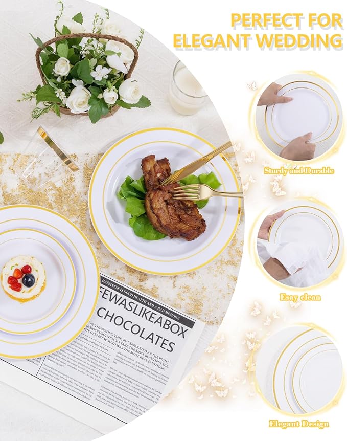 GATHER 700PCS Gold Plastic Plates - Whtie and Gold Disposable Dinnerware Sets 100Guest - 200 Disposable Plate, 300 Plastic Silverware, 100 Cups, 100 Napkins for Wedding & Party