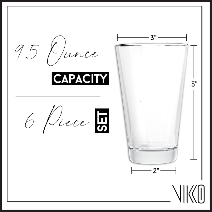 Vikko Drinking Glasses, 9.5 Ounce Water Tumblers, Set of 6 All Purpose Glass Cups, Thick and Durable Tapered Design, Dishwasher Safe, Tall Glass Tumblers