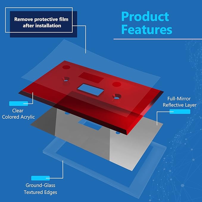 LIDER Toggle Switch Acrylic Wall Plate, Mirrored Light Switch Plate, Plexiglass Switch Cover, Mirror-like Reflective Finish, Modern Upgrade, Oversized 1-Gang 5.25" x 3.44", Red