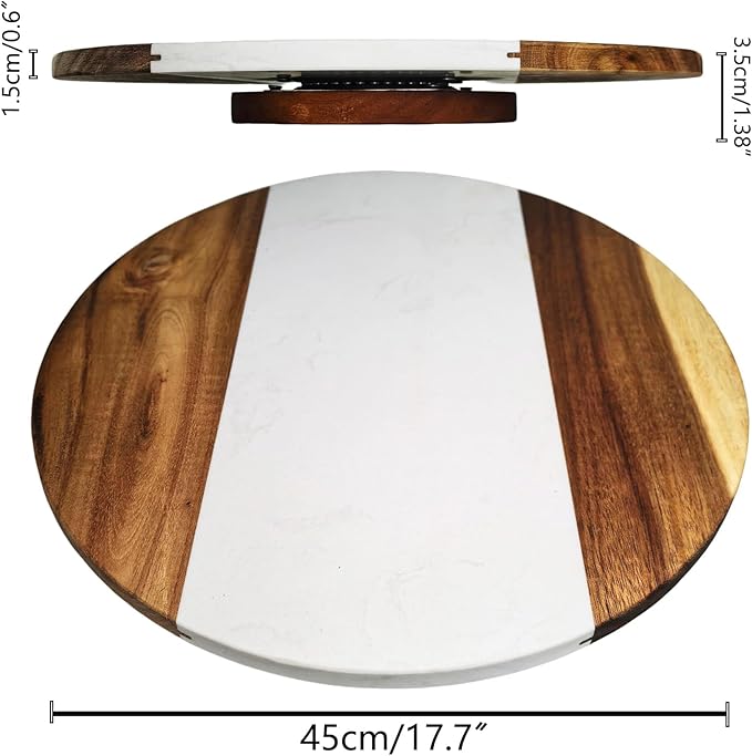 18 Inch Large Marble and Wood Lazy Susan Turntable - Rotating Serving Tray for Dining Table Centerpiece, Heavy Duty 360 Spinning Platter for Kitchen Countertop, Pantry & Charcuterie Board