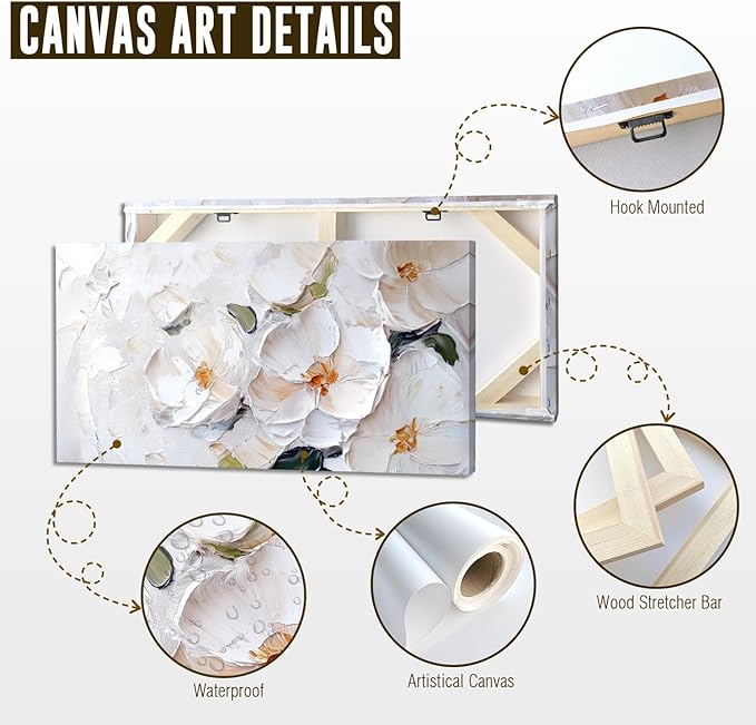 ADJUVANT Wall Art Impressionist Minimalist White Floral 40"L x 20"W, White Flowers With Subtle Tones Canvas Painting Delicate Petals Artwork Floral Wall Decor for Living Room Bedroom Bathroom Home Office